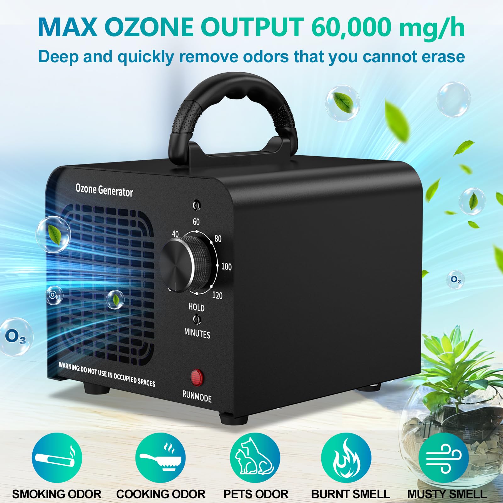 ODUOD ozone generator side view in black housing for easy placement