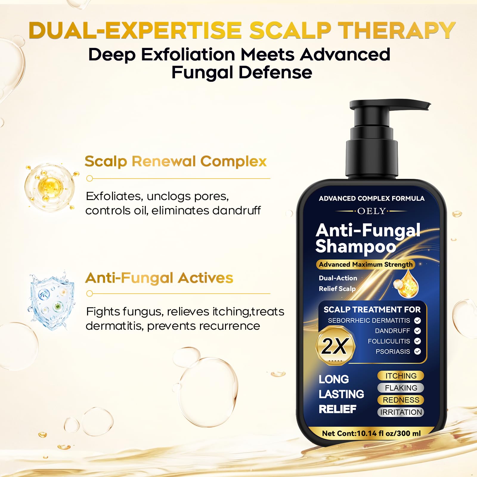 oely Enhanced Antifungal Shampoo before-after scalp comparison illustrates visible reduction in flaking.