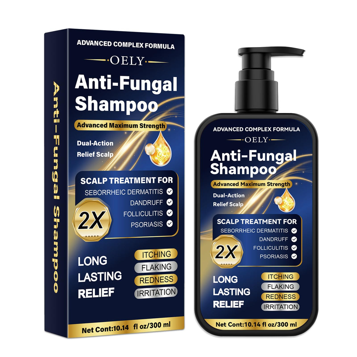 oely Enhanced Antifungal Shampoo bottle close-up showing soothing formula for itchy scalps.