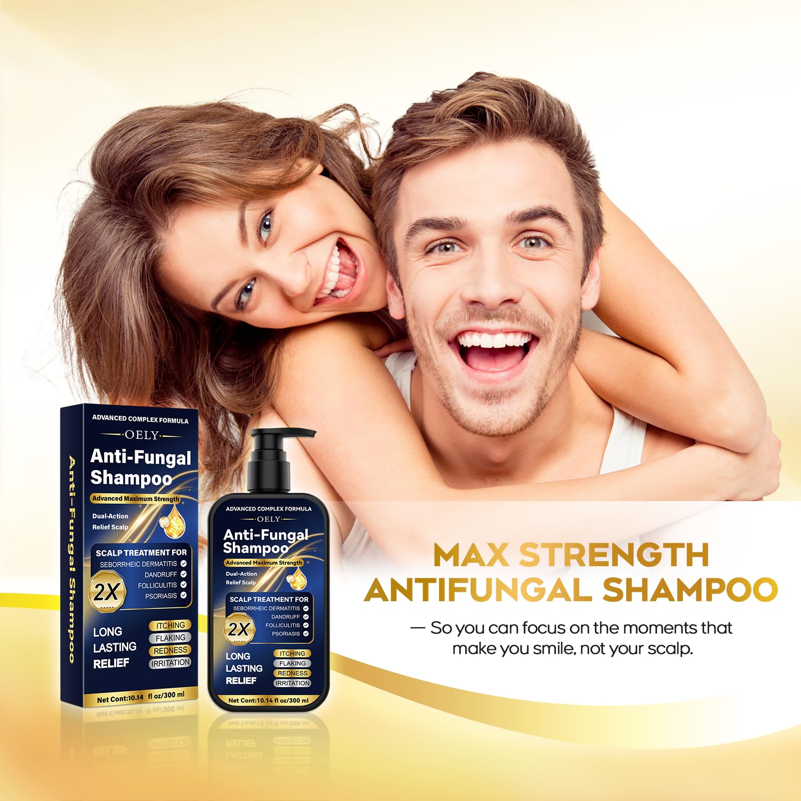 oely Enhanced Antifungal Shampoo on a hair care scene suggests a refreshed scalp feel.