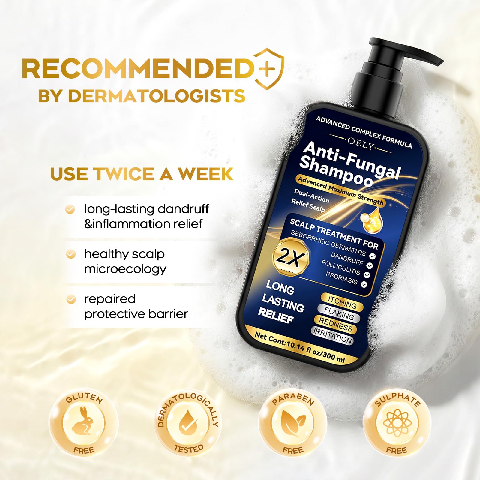 oely Enhanced Antifungal Shampoo pour demonstrates easy application and antifungal action.