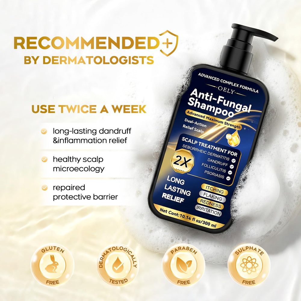 oely Enhanced Antifungal Shampoo pour demonstrates easy application and antifungal action.