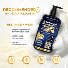 oely Enhanced Antifungal Shampoo pour demonstrates easy application and antifungal action.