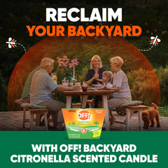 OFF! Backyard Citronella Candle on a deck providing inviting ambiance for outdoor dining.