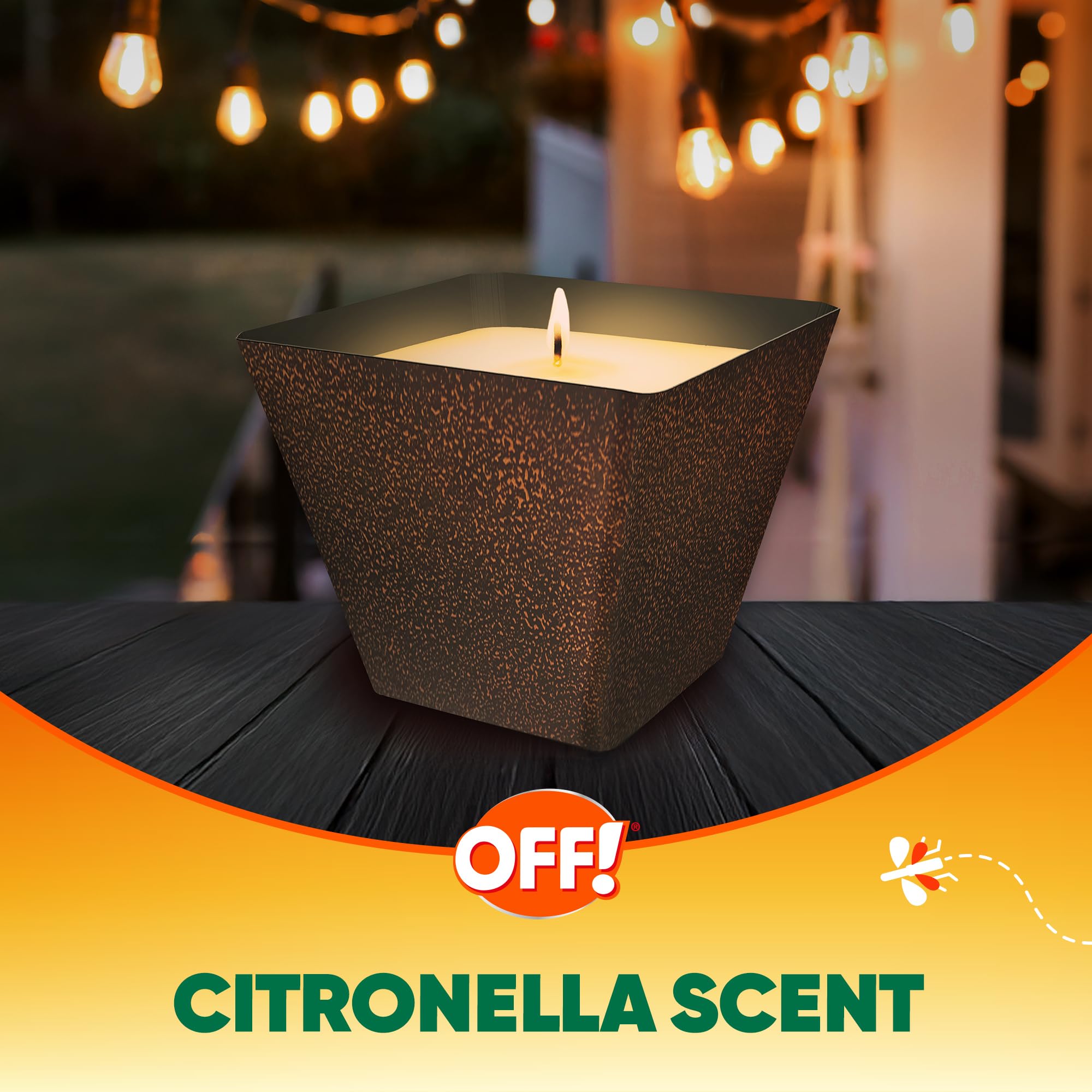 OFF! Citronella Candle lit beside seating for pre-hosting and outdoor relaxation.