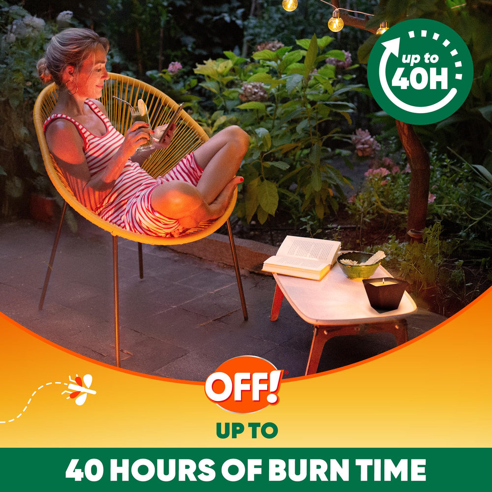 OFF! Citronella Candle on a patio delivering soft light for evening relaxation.