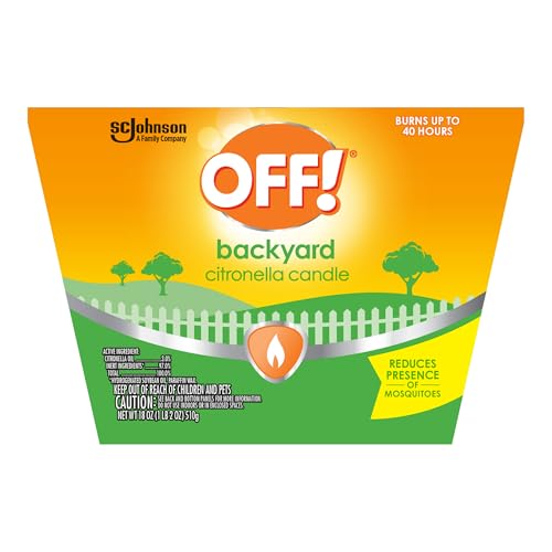 OFF! Citronella Candle on a patio table beside plants and lanterns.