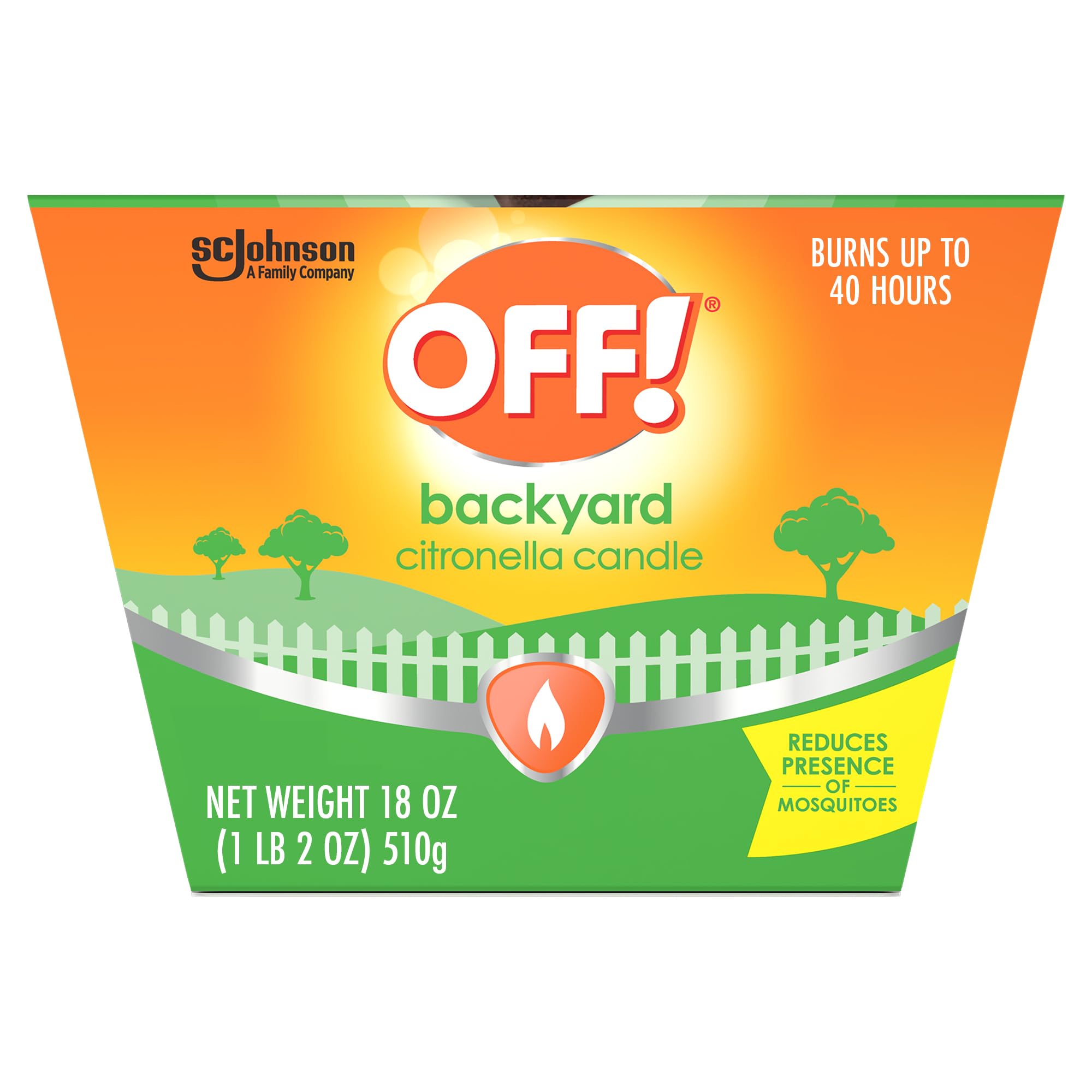 OFF! Backyard Citronella Candle on tabletop with warm glow and mosquito-reducing benefits.