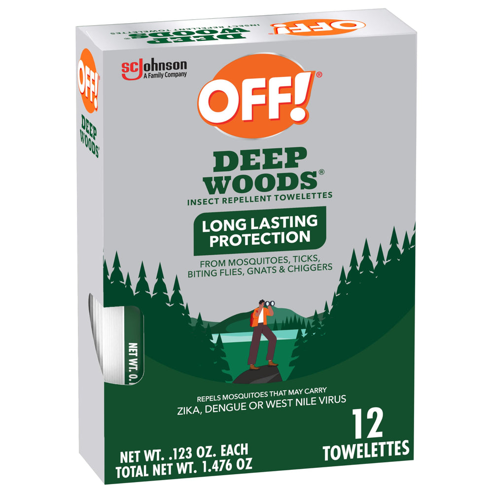 OFF! Deep Woods wipes front label showing a 12-pack outdoor protection