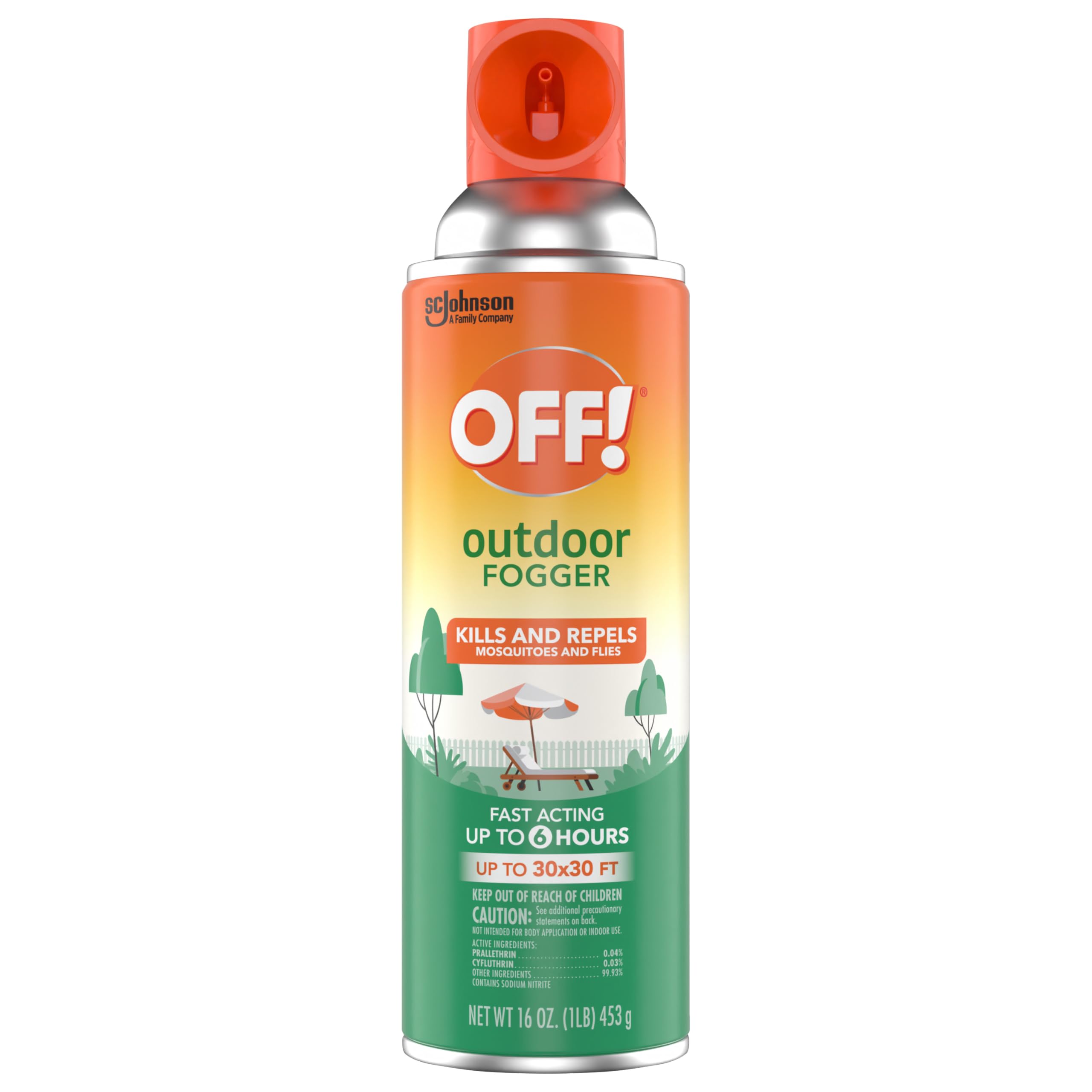 OFF! fogger sprayer near a deck during an outdoor gathering.