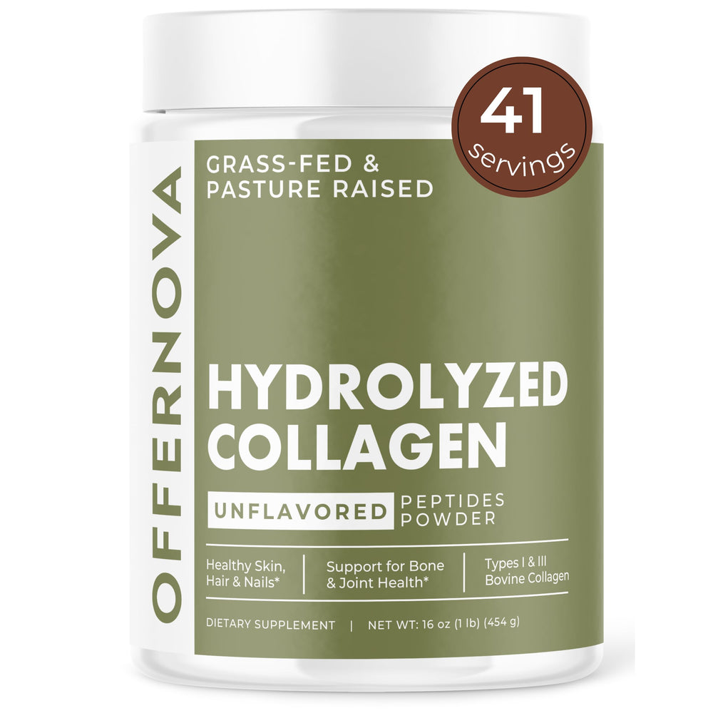 Offernova collagen hydrolyzed powder packaging highlights grass-fed origin.