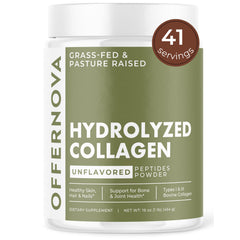 Offernova collagen hydrolyzed powder packaging highlights grass-fed origin.
