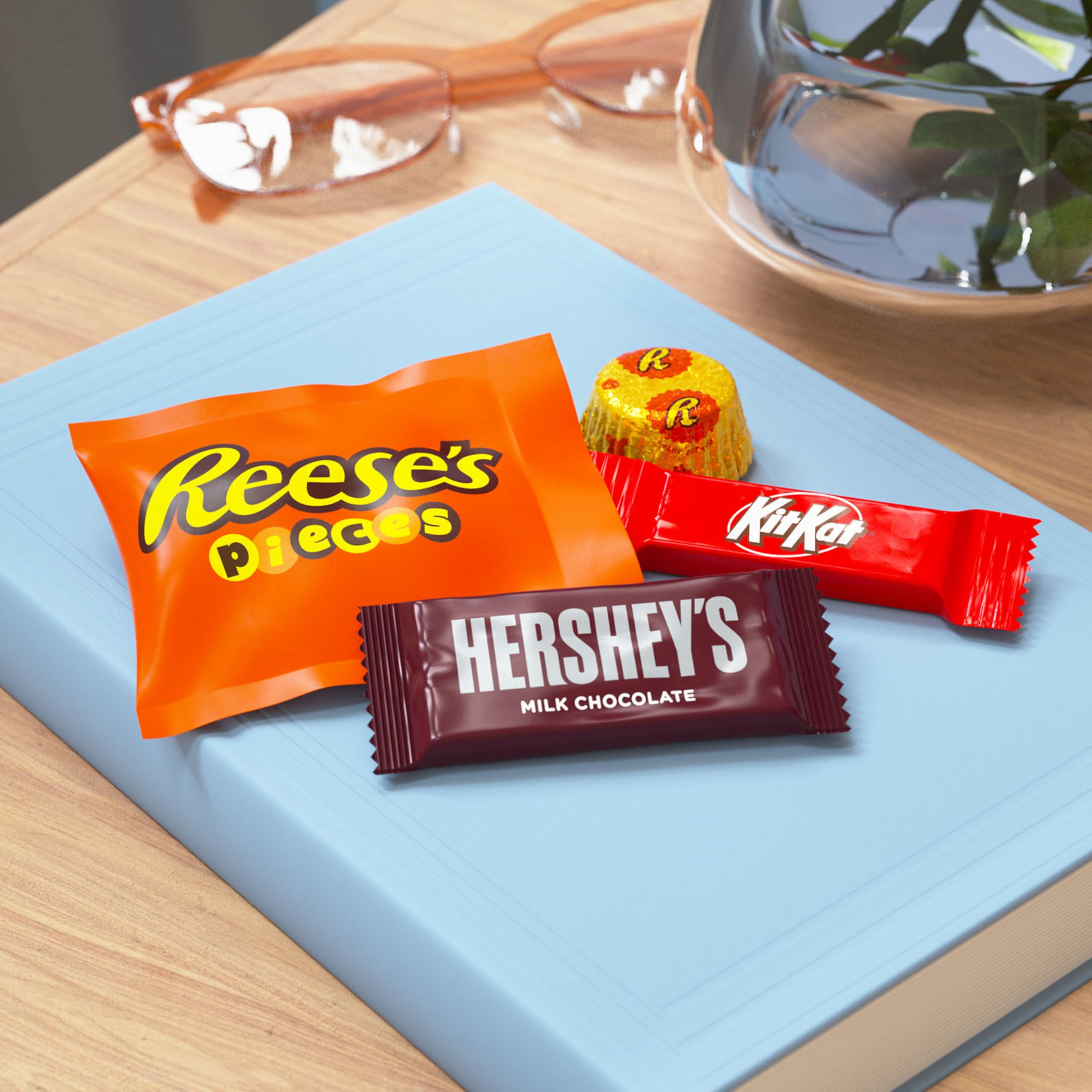 Office break room snack setup with bulk candy for sharing.