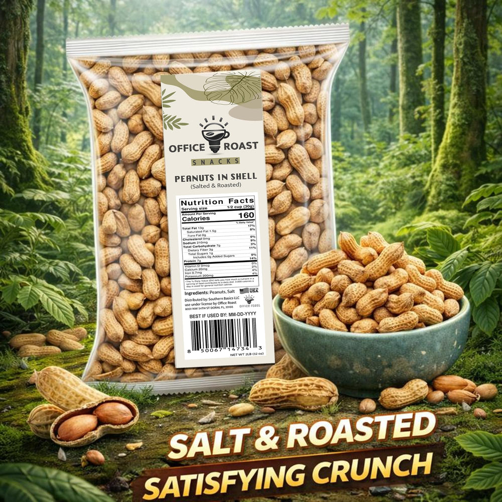 Office Roast peanuts in shell bulk pack highlighting convenient, shareable snacking.