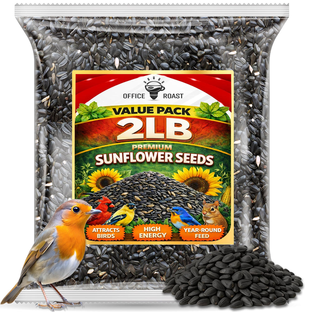Office Roast premium-black-oil-sunflower-seeds in front bag for year-round feeding.