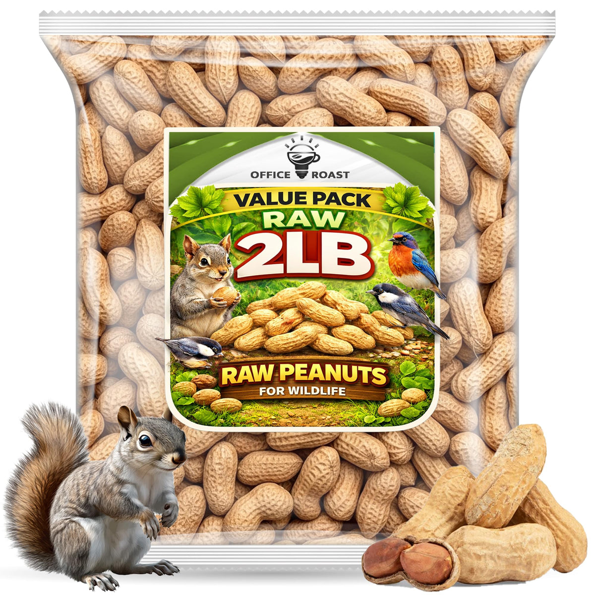 Office Roast raw peanuts in shell 2 lb for snacking and wildlife feed.