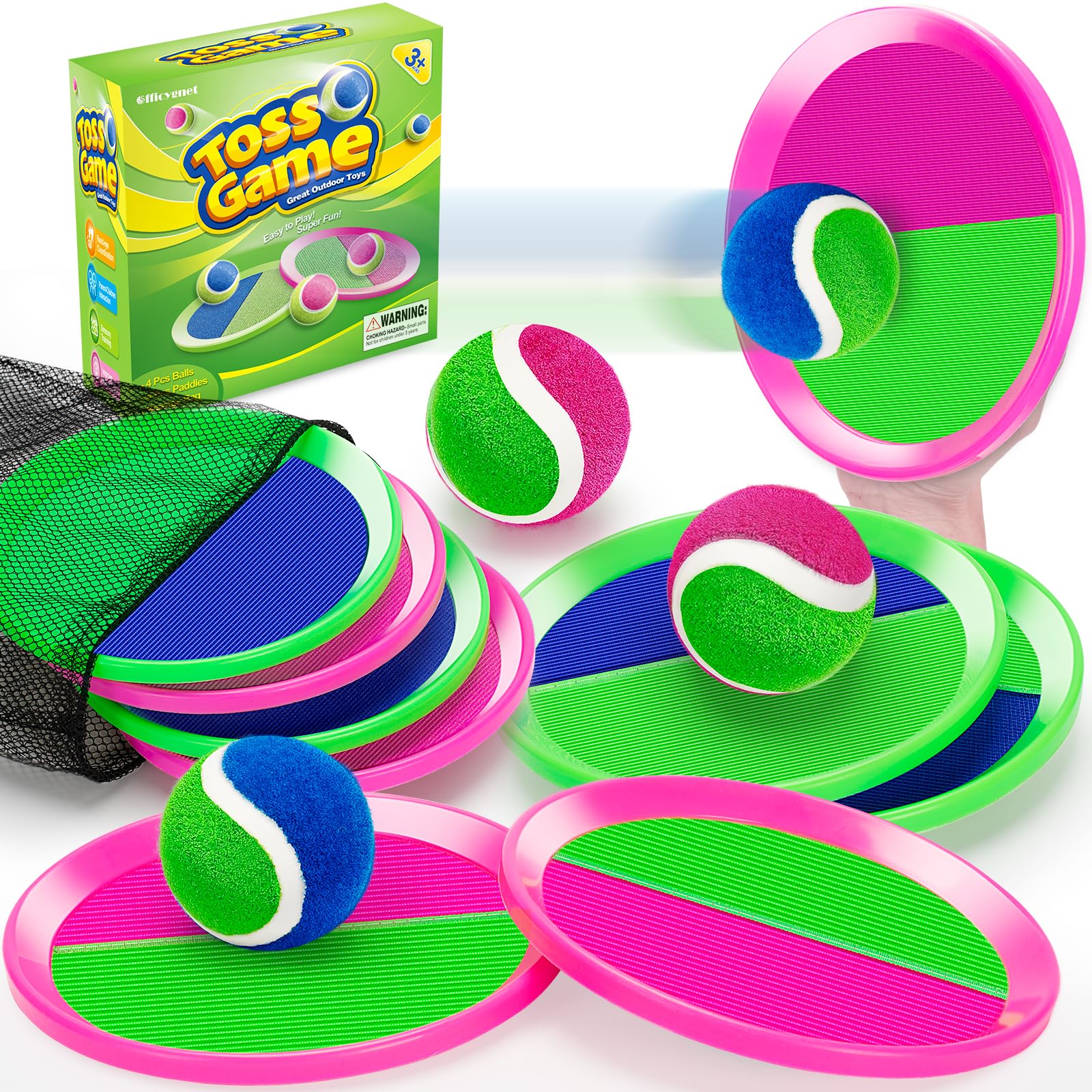 Officygnet Ball Catch Game paddles in bright pink and green for easy catching