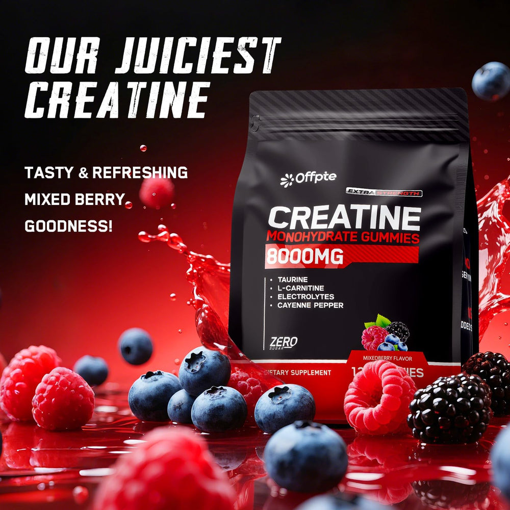 OFFPTE Creatine Gummies packets display convenient single-serve packs for workouts.