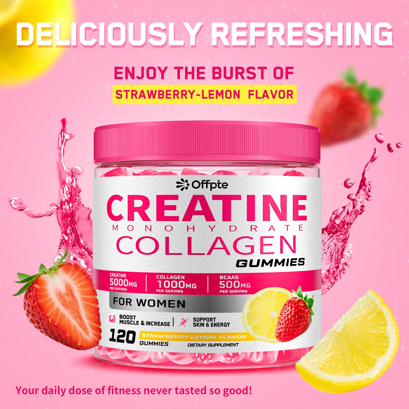 OFFPTE Creatine for Women bottle label highlighting collagen and BCAAs for recovery