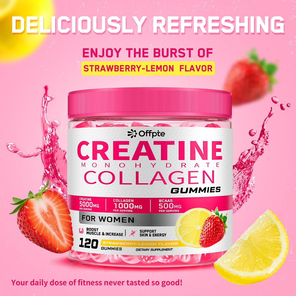 OFFPTE Creatine for Women bottle label highlighting collagen and BCAAs for recovery