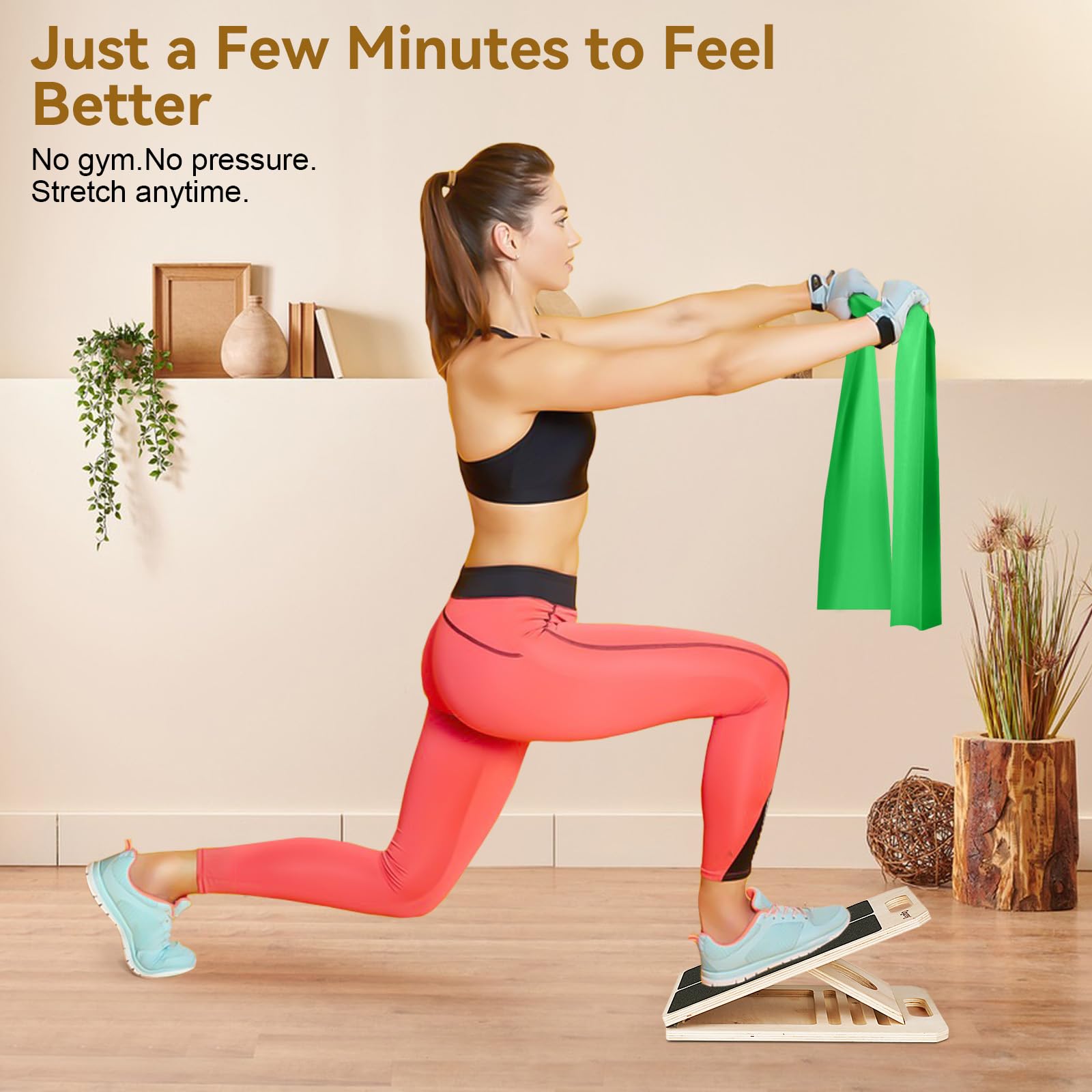 Ogurey Slant Board in use with resistance bands for guided stretches