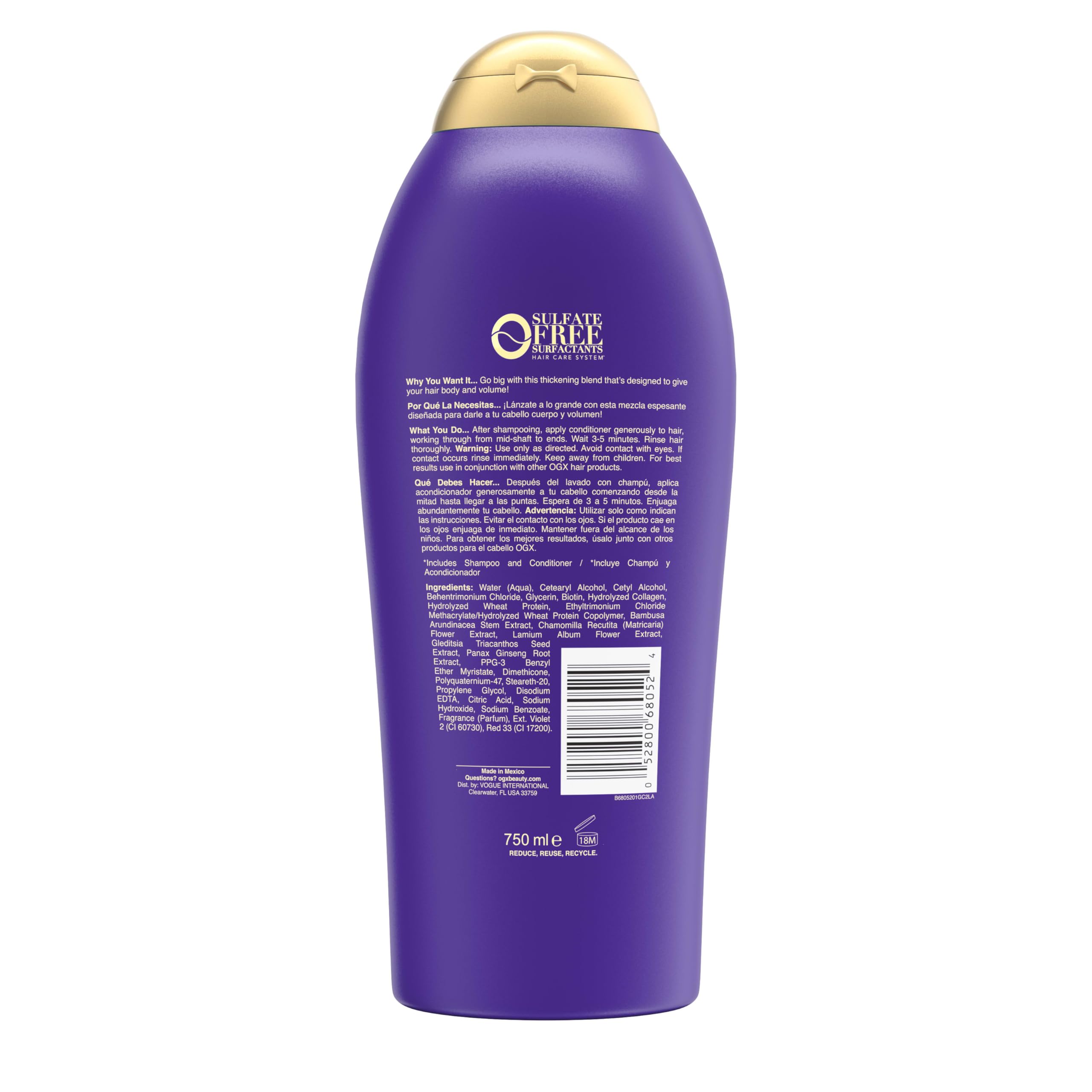 OGX Biotin Collagen conditioner full-view packaging signals premium volumizing solution.