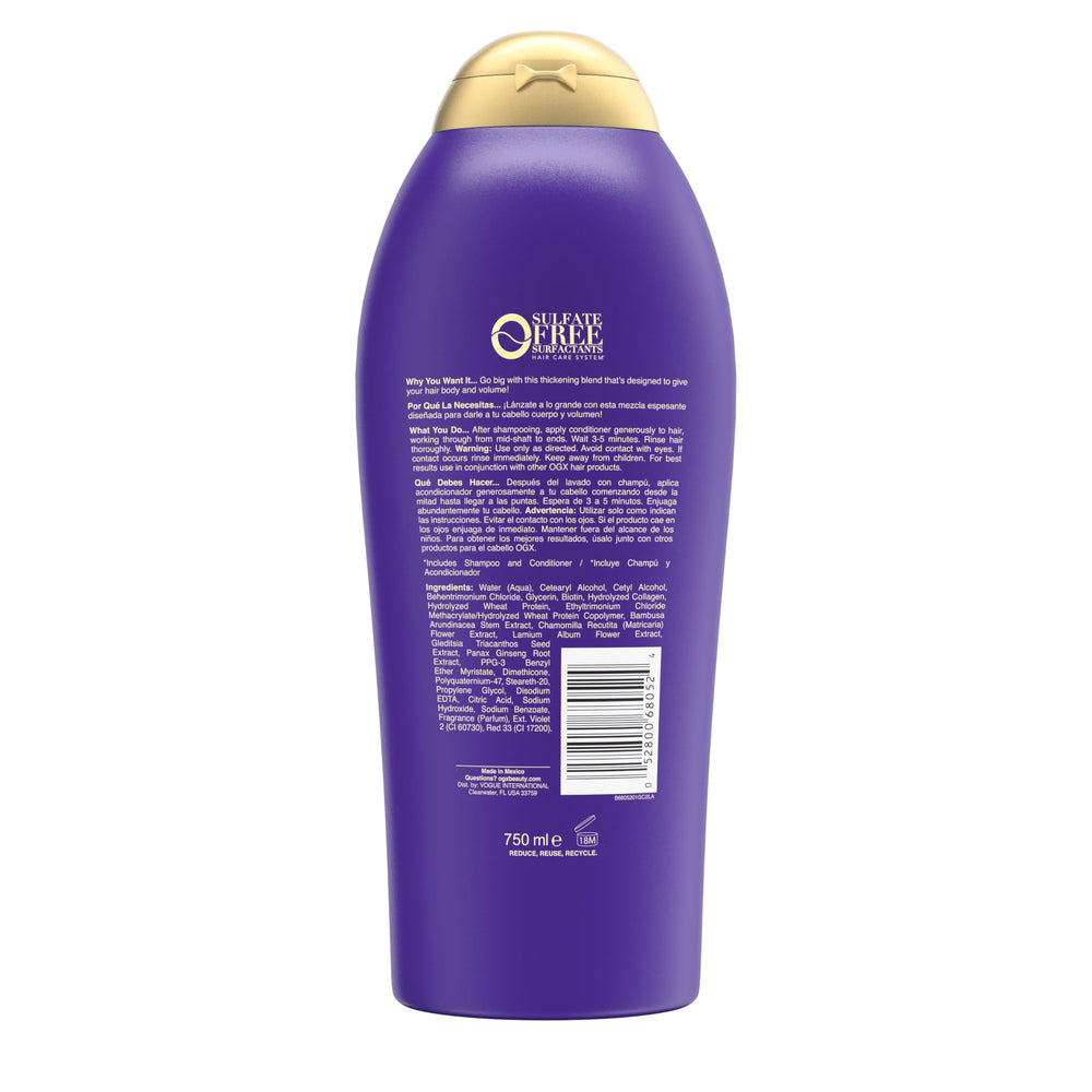 OGX Biotin Collagen conditioner full-view packaging signals premium volumizing solution.