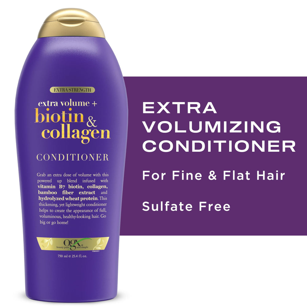 OGX Biotin Collagen conditioner in the shower scene conveys easy daily use.