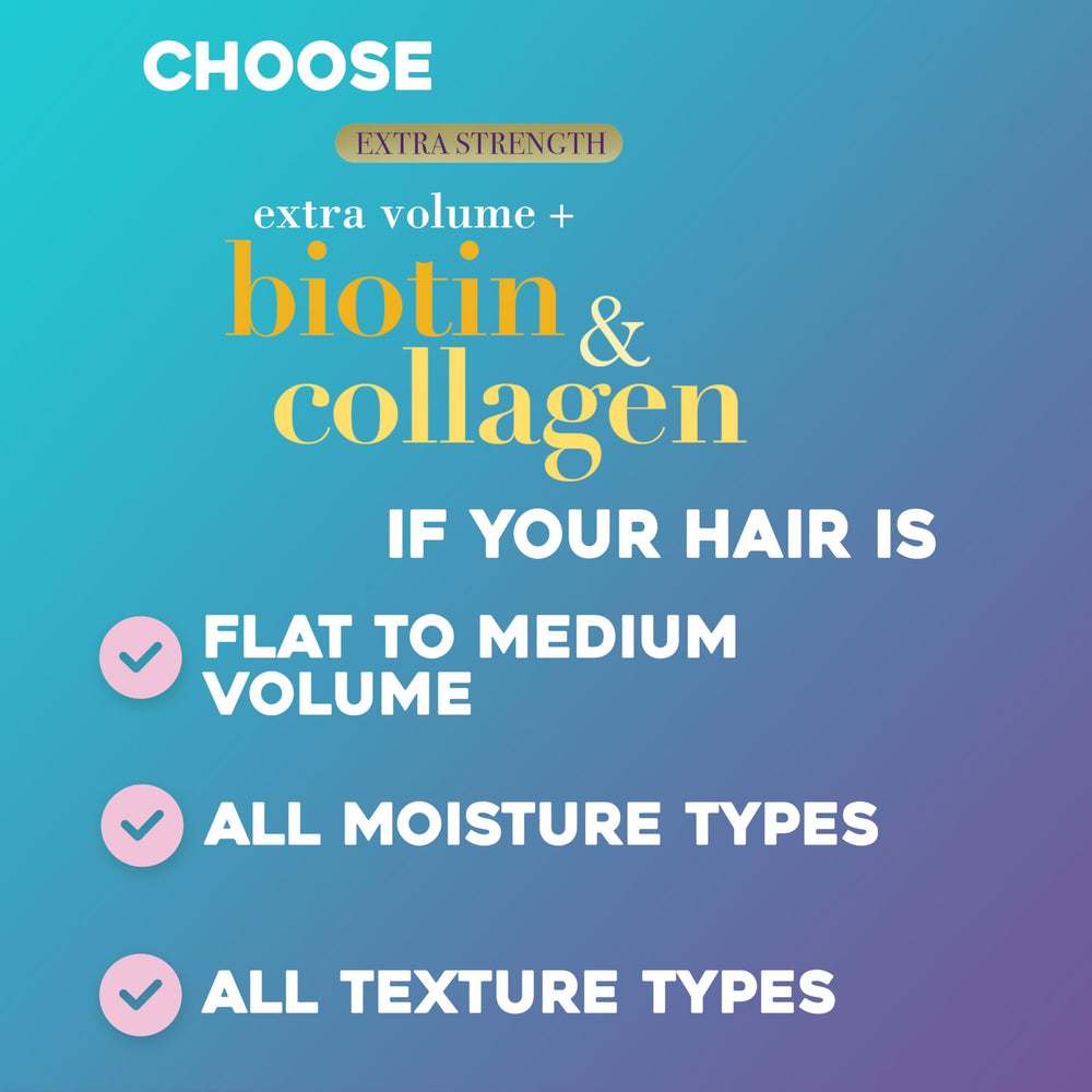 OGX Biotin Collagen conditioner ingredients label highlights nourishing protein blend.