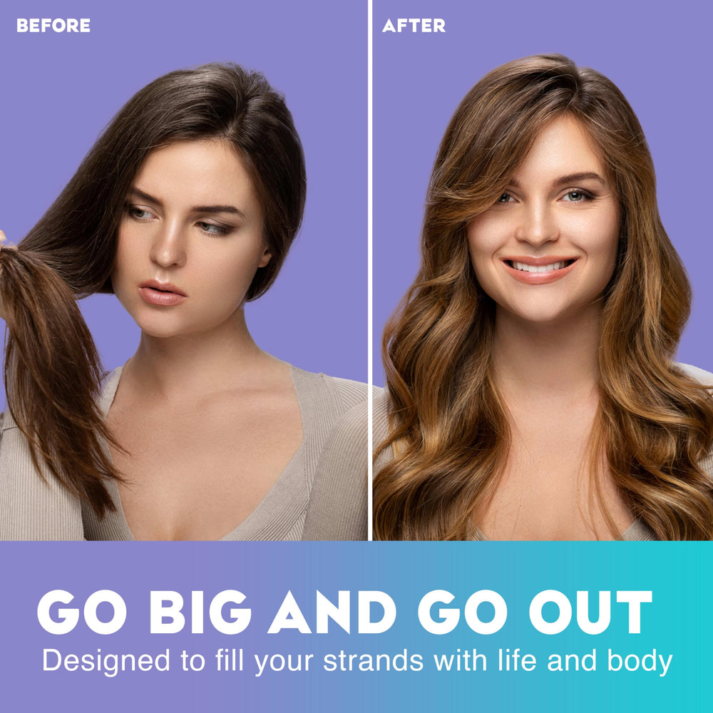 OGX Biotin Collagen conditioner pump demonstrates lift for fuller hair.