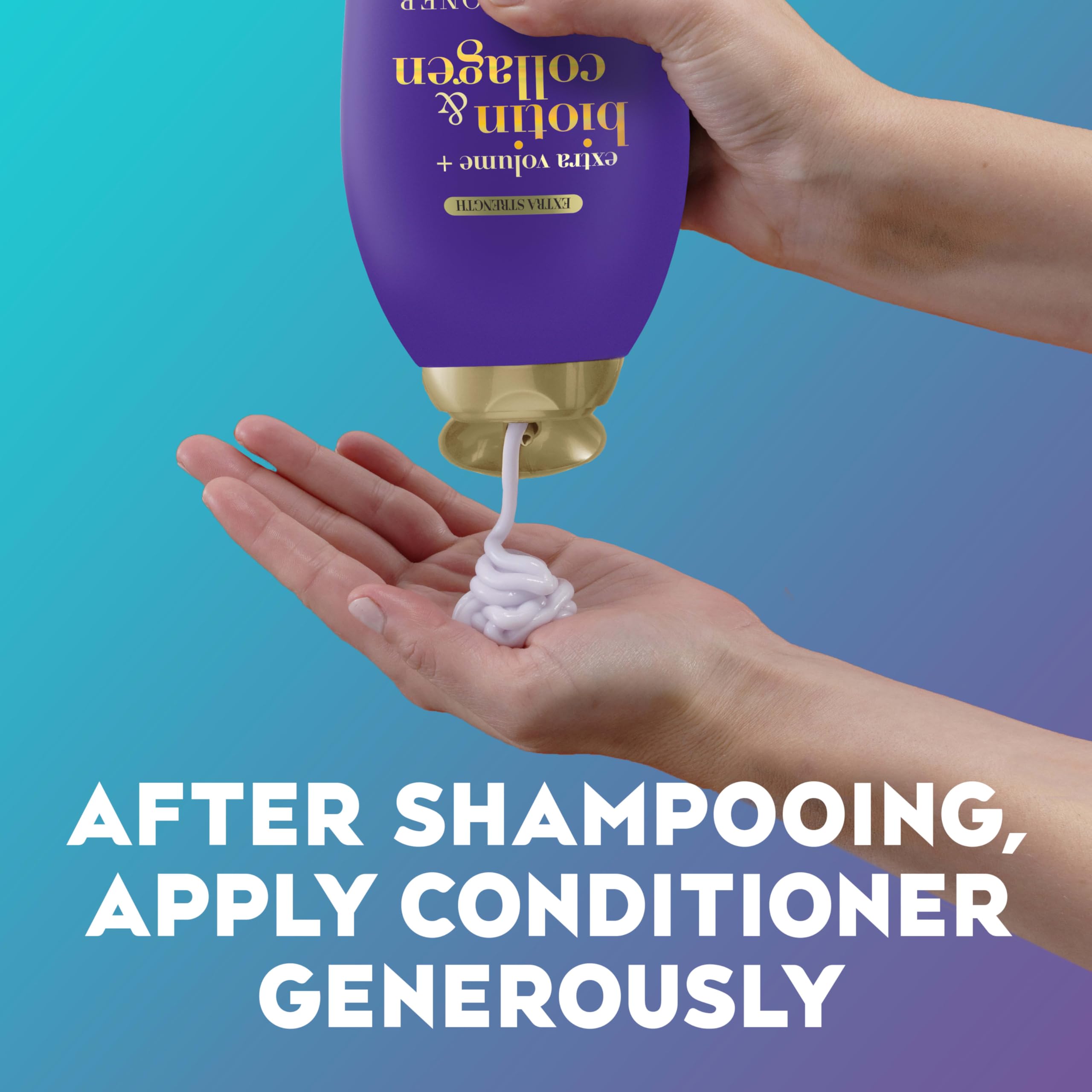 OGX Biotin Collagen conditioner bottle texture suggests lightweight cleansing.