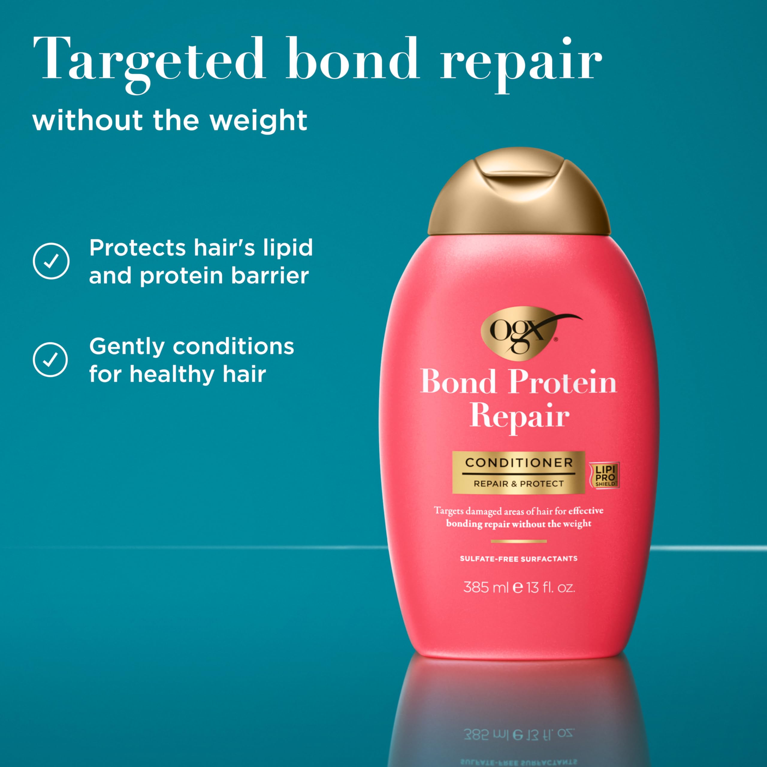 OGX Bond Protein Complex label closeup emphasizes dual-action repair for strong, resilient hair.