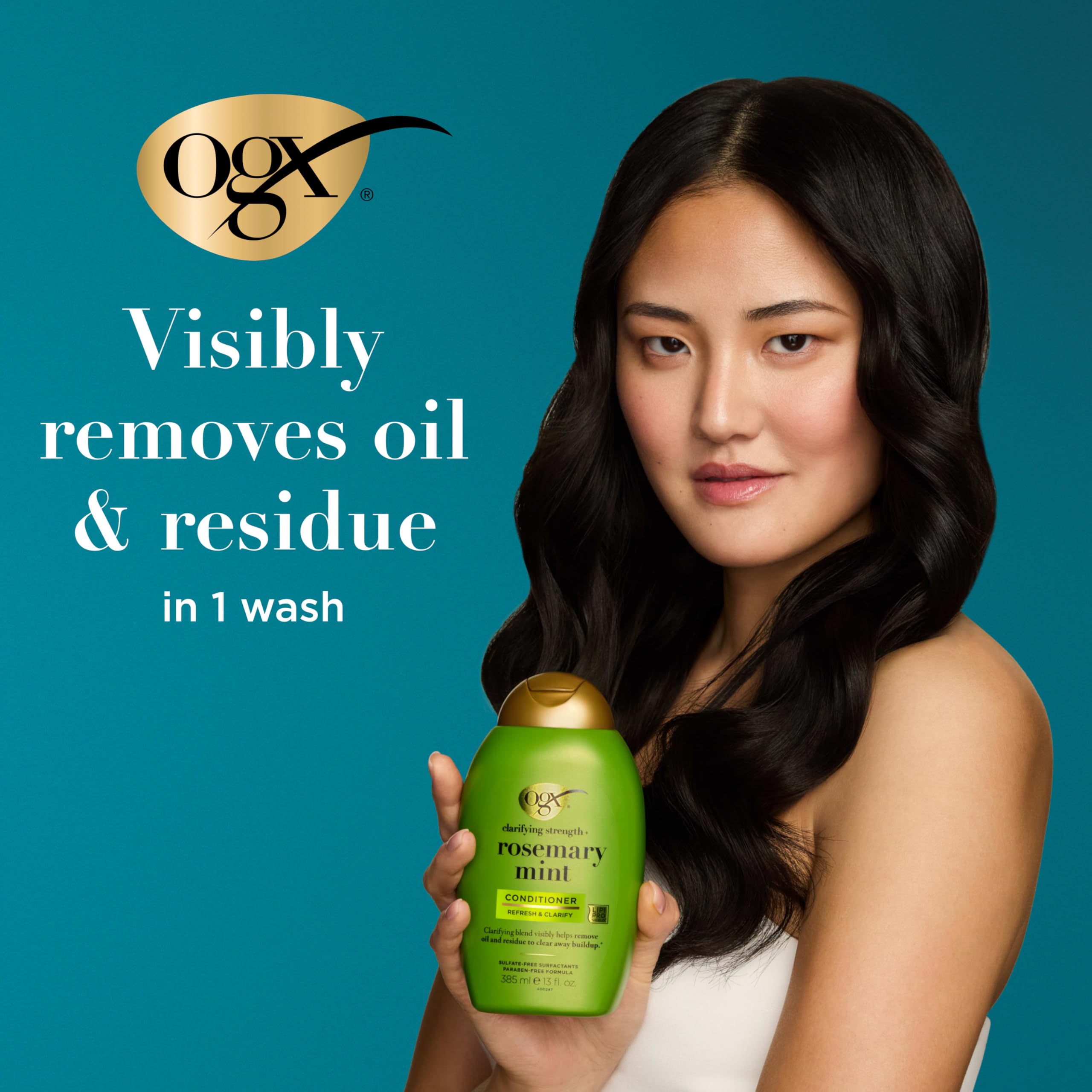 OGX Clarifying Strength + Rosemary Mint Conditioner bottle back detailing ingredients and sulfate-free claim