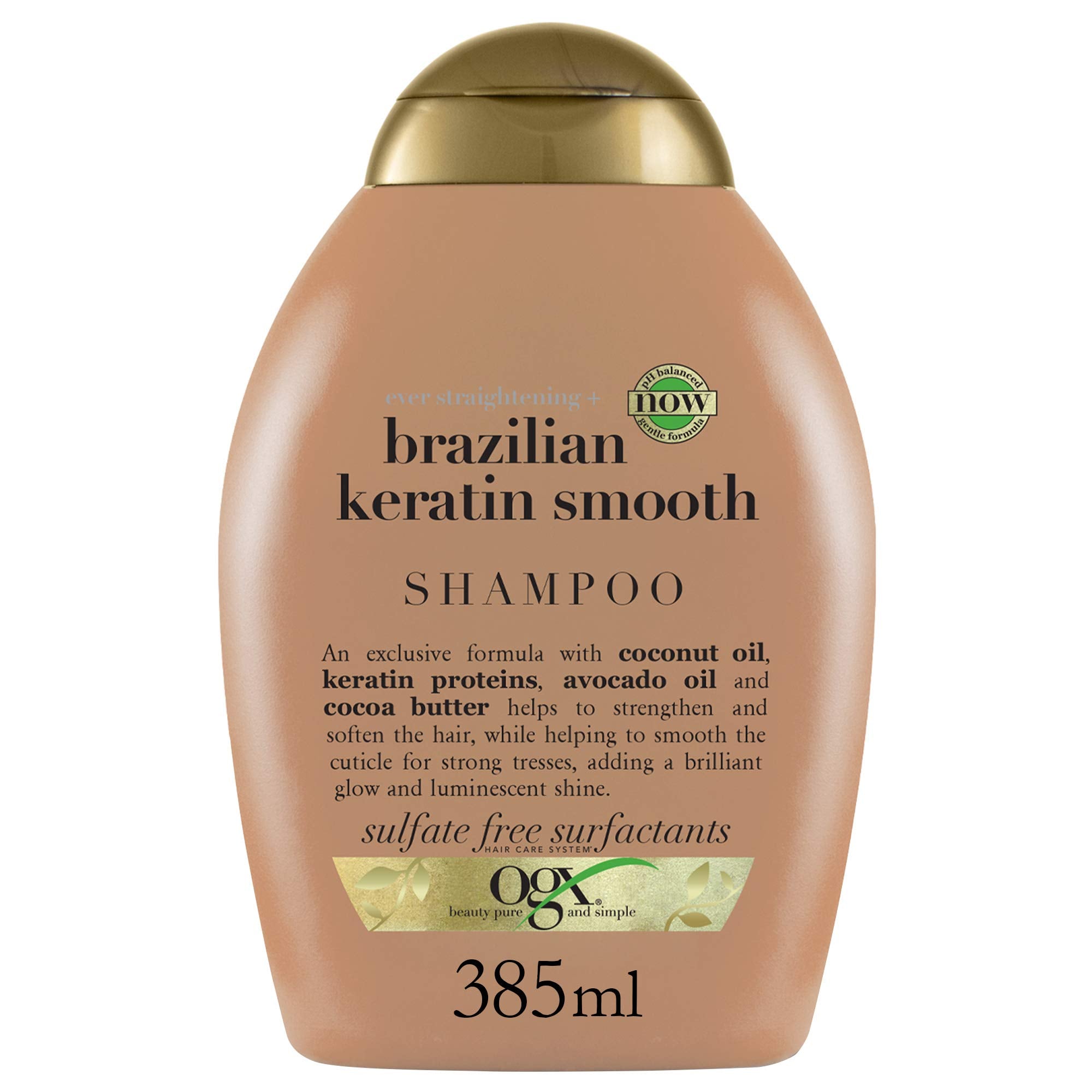 OGX Organix Ever Straight shampoo bottle demonstrates frizz control and shine.
