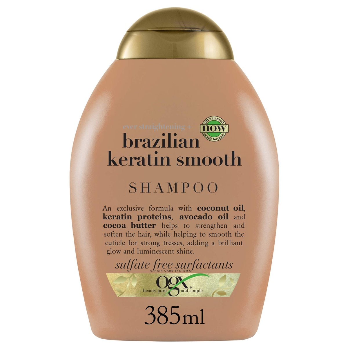 OGX Organix Ever Straight shampoo bottle demonstrates frizz control and shine.