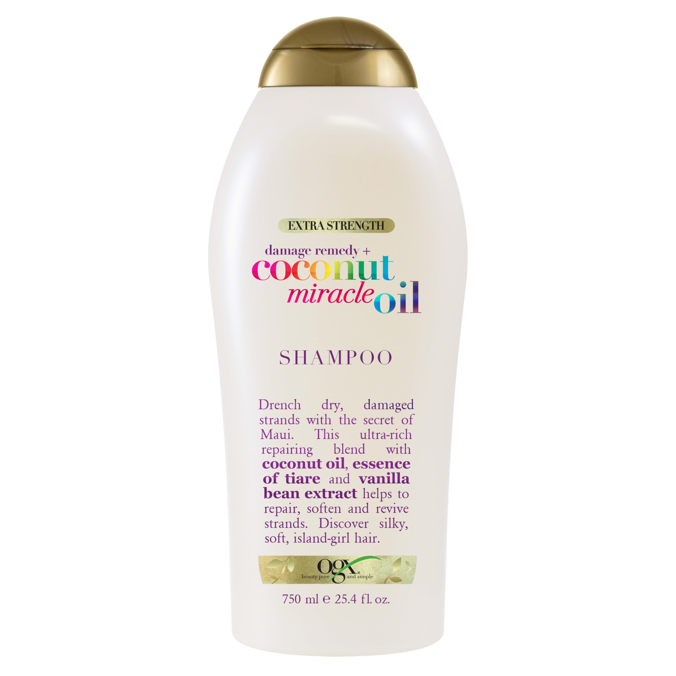 OGX Extra Strength Damage Remedy Coconut Miracle Oil Shampoo bottle showing hydrating formula for frizz control