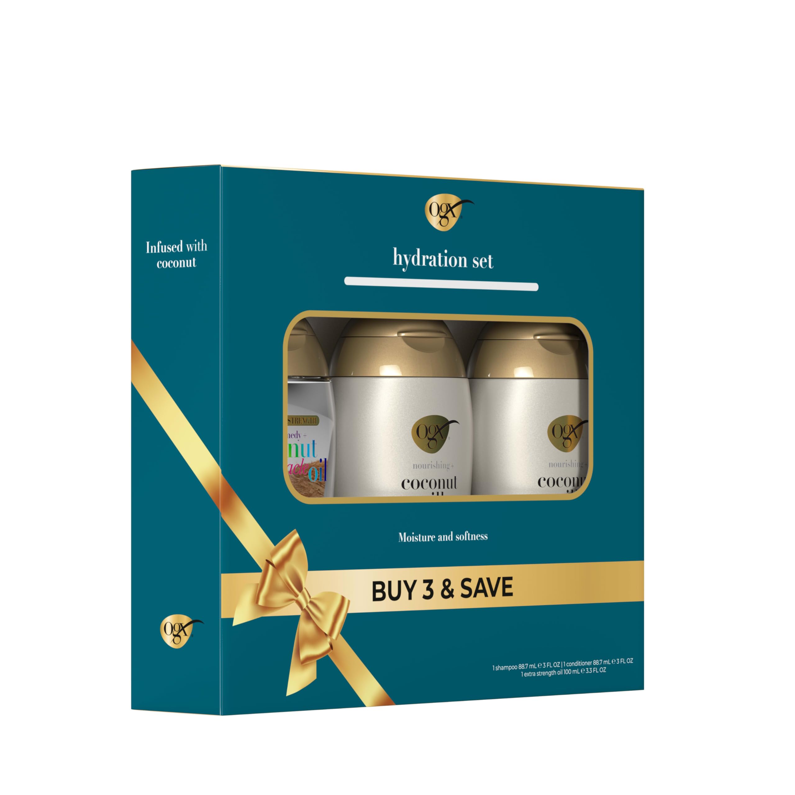 OGX Gift Set packaging showcases the three-piece hydration routine.