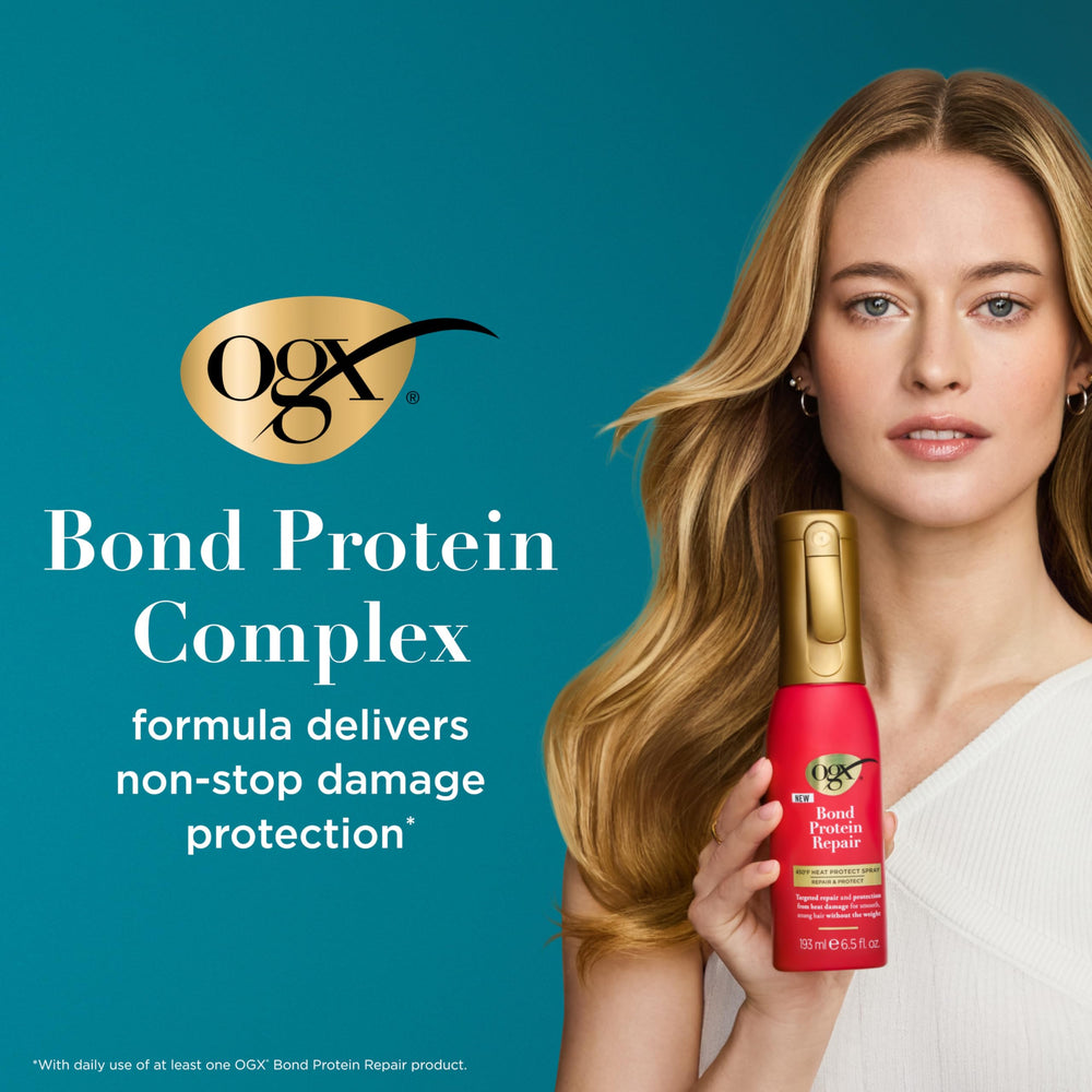 OGX heat protect spray close-up showing bottle and label for quick reference.