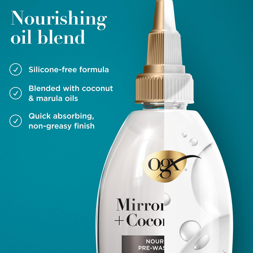 OGX Mirror Shine bottle shown releasing nourishing oil for easier detangling.