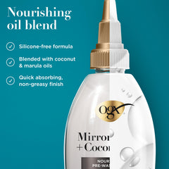 OGX Mirror Shine bottle shown releasing nourishing oil for easier detangling.