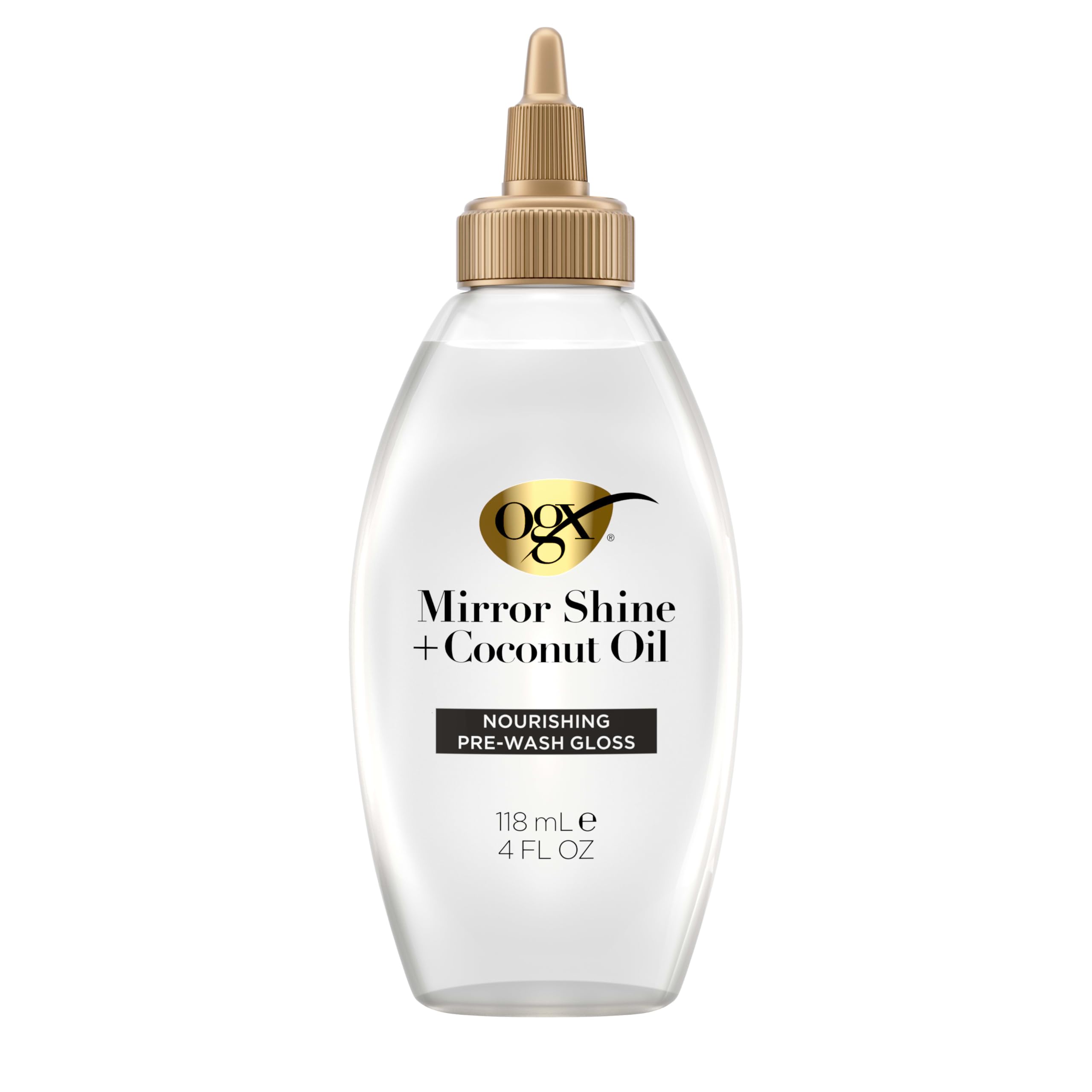 OGX Mirror Shine Coconut Oil Pre-Wash Gloss bottle for silky, glossy hair.