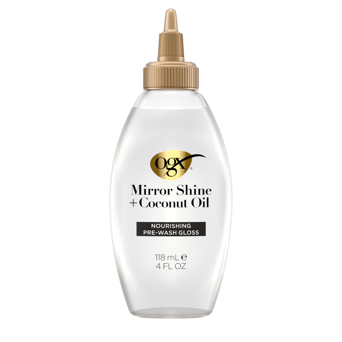 OGX Mirror Shine Coconut Oil Pre-Wash Gloss bottle for silky, glossy hair.