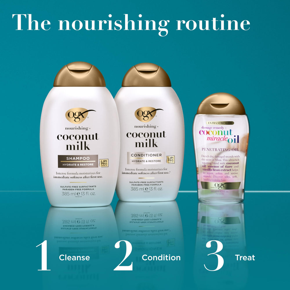 OGX Nourishing Coconut Milk bottle top-view captures creamy formula