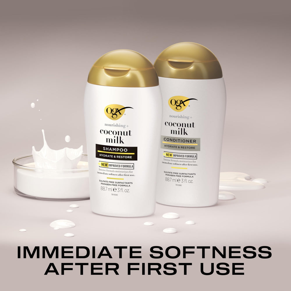 OGX Nourishing Coconut Milk Conditioner tube detangles and smooths hair.
