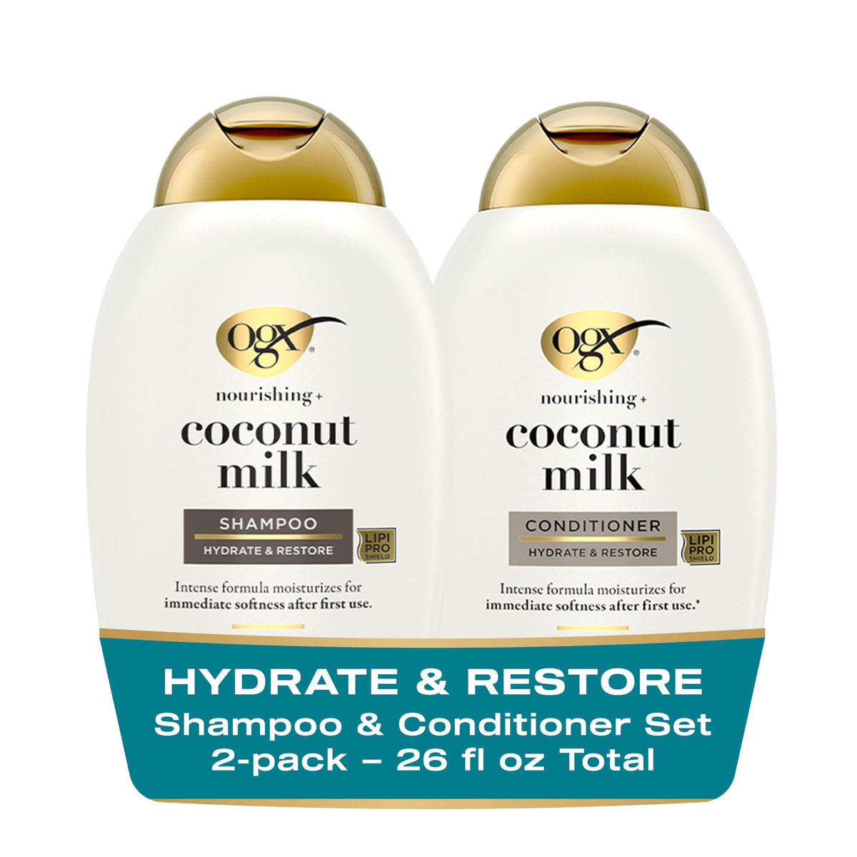 OGX Nourishing Coconut Milk shampoo pour showing hydrated, soft hair benefits