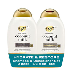 OGX Nourishing Coconut Milk shampoo pour showing hydrated, soft hair benefits