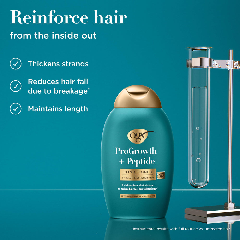 OGX ProGrowth + Peptide Conditioner bottle pour shows easy 3-5 minute treatment