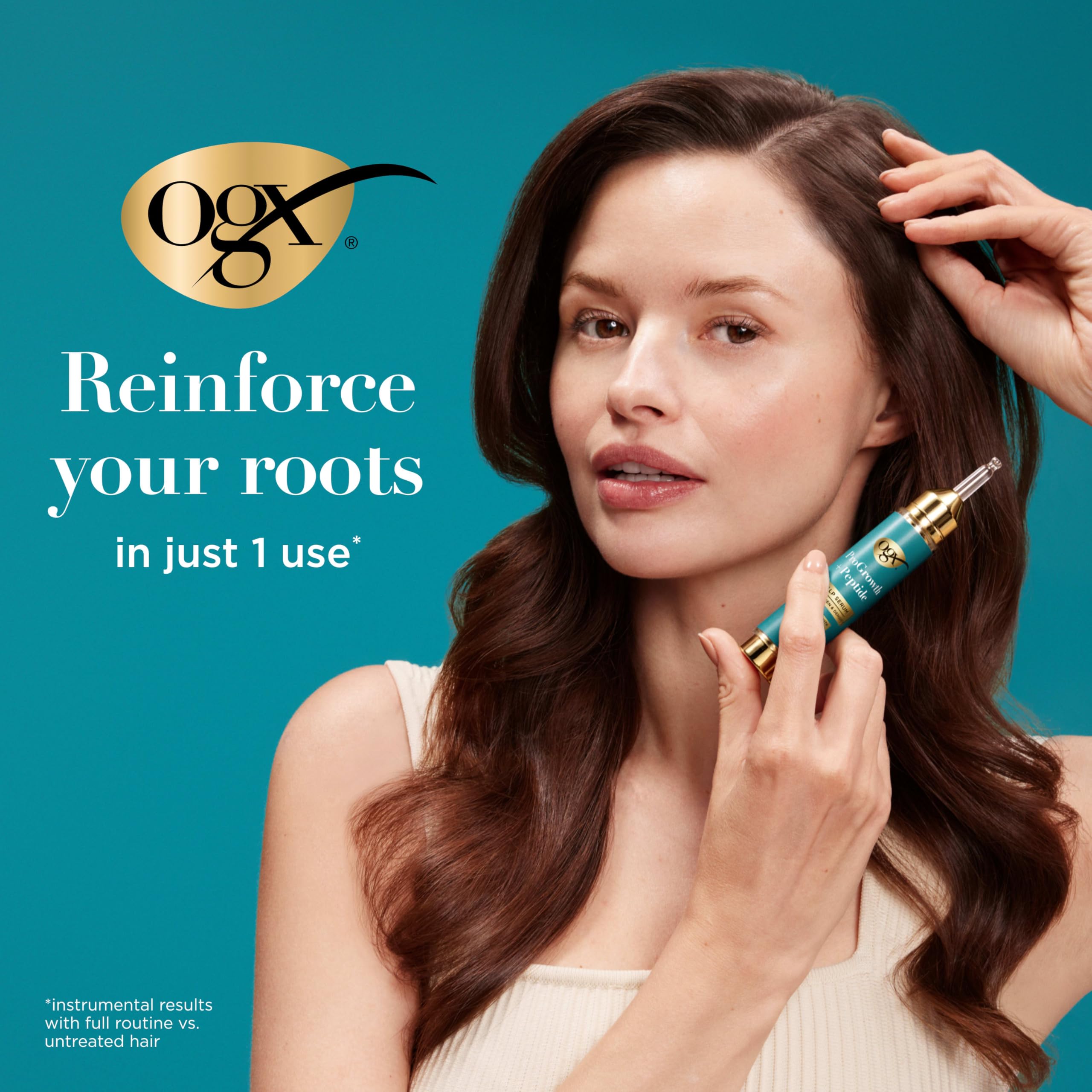 OGX ProGrowth Peptide Scalp Serum dropper applying serum to scalp