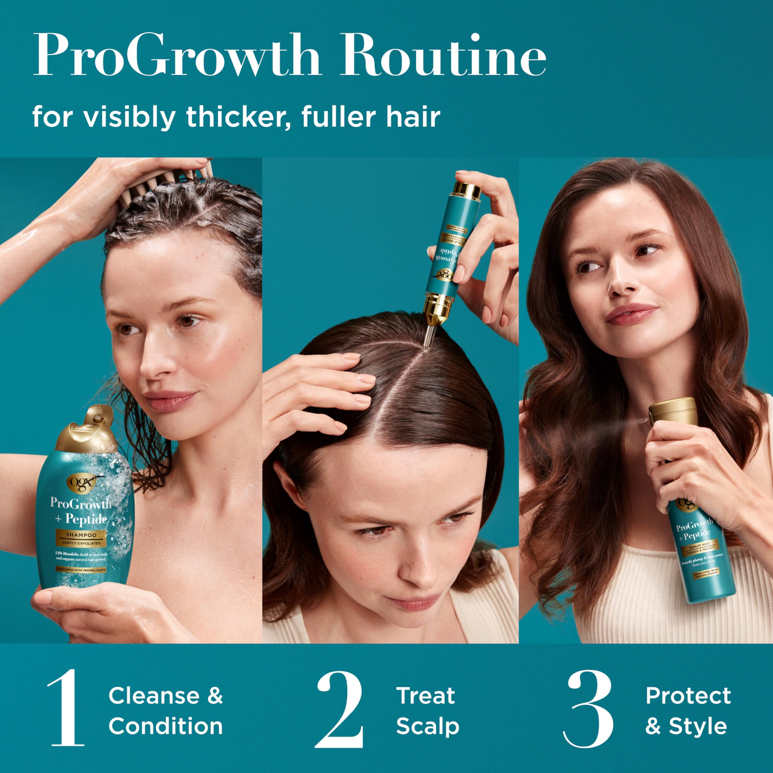 OGX ProGrowth Peptide Scalp Serum on desk beside conditioner