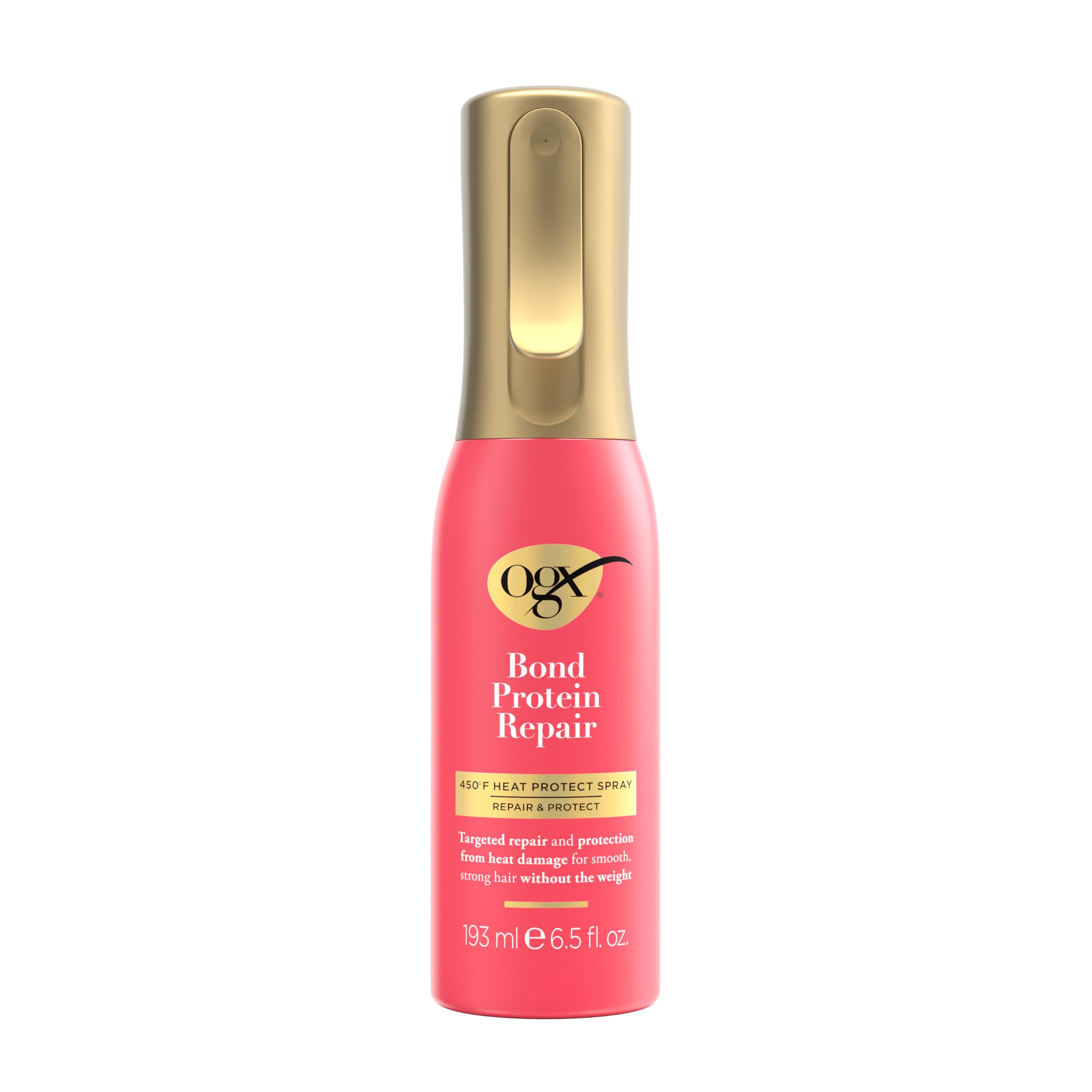 OGX Repair and Protect Bond Protein Heat Spray bottle ready for application and protection.